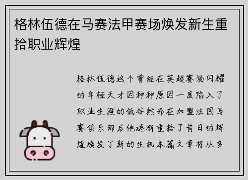 格林伍德在马赛法甲赛场焕发新生重拾职业辉煌