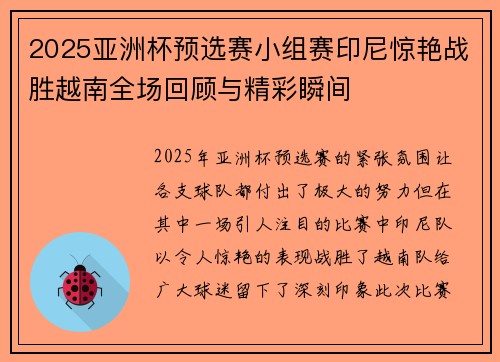 2025亚洲杯预选赛小组赛印尼惊艳战胜越南全场回顾与精彩瞬间 2025亚洲杯预选赛小组赛印尼惊艳战胜越南全场回顾与精彩瞬间
