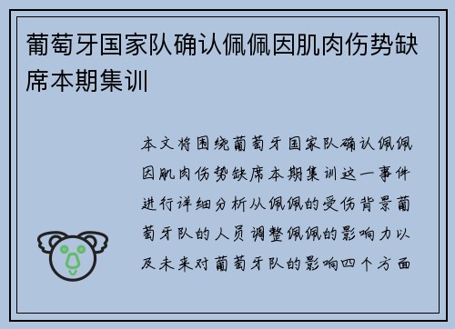 葡萄牙国家队确认佩佩因肌肉伤势缺席本期集训