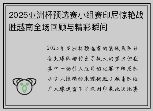 2025亚洲杯预选赛小组赛印尼惊艳战胜越南全场回顾与精彩瞬间 2025亚洲杯预选赛小组赛印尼惊艳战胜越南全场回顾与精彩瞬间